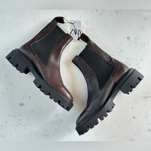 NWT Zara Dark Brown Leather Ankle Boots